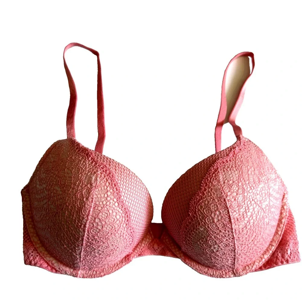 Victoria Secret Very Sexy Lace Fishnet Pushup Bra 32 D Pink Underwire Padded Cup